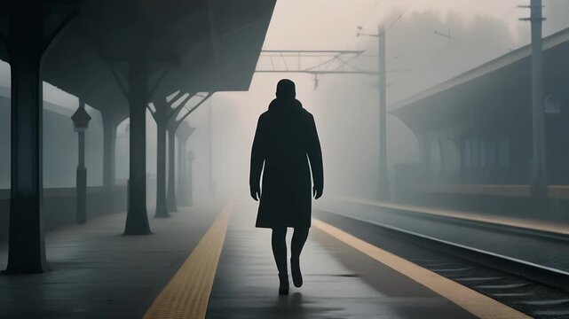 Silhouette Emerging Through Soft Fog on an Empty Railway Platform &ndash; Cinematic Atmospheric 16:9 Urban Night Visual Design