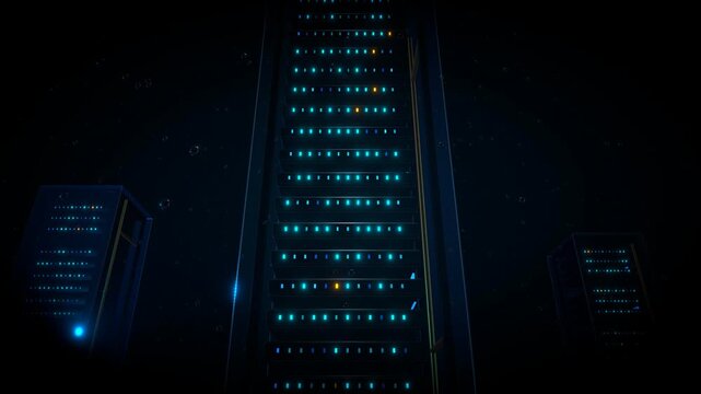 Cinematic subtle tracking shot slowly sliding past background server rows