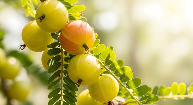 Amla fruit on a tree branch.