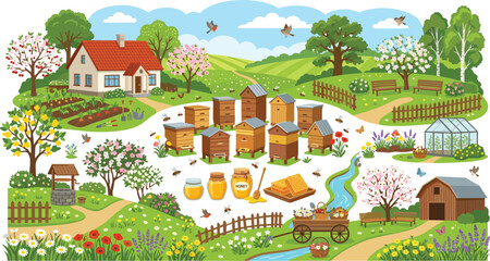 Beekeeping apiary farm in countryside landscape with wooden beehives honey jars greenhouse barn and blooming spring garden vector illustration © Kulsum
