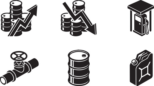 Isometric Petroleum and Energy Industry Icon Set with Oil Price Trends Fuel Station Valve Barrel and Gasoline Canister