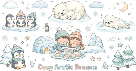 Cute cozy arctic winter vector set featuring sleeping polar bear seal penguins children igloo and snow covered pine trees © Kulsum
