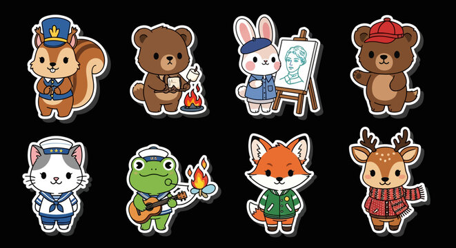 Colorful cartoon animal characters in various professions and outfits.