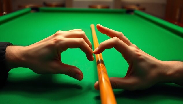 Hands positioning a pool cue on a green billiards table