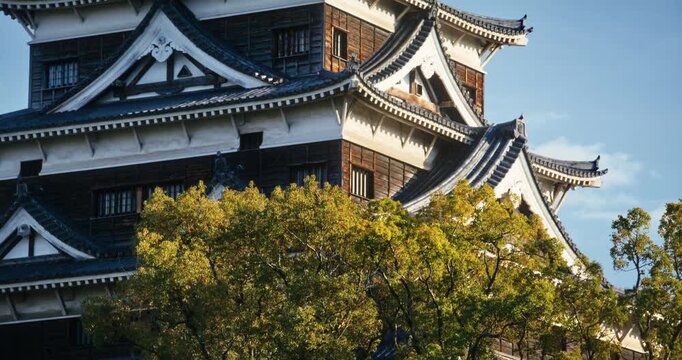 Hiroshima Castle Multi-Tiered Keep and Trees Against Blue Sky - medium shot