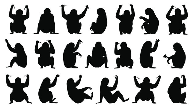 Monkeys appear in a collection of twenty-one distinct black silhouettes arranged in a grid to showcase various seated and standing postures on a plain white background with ample copy space.