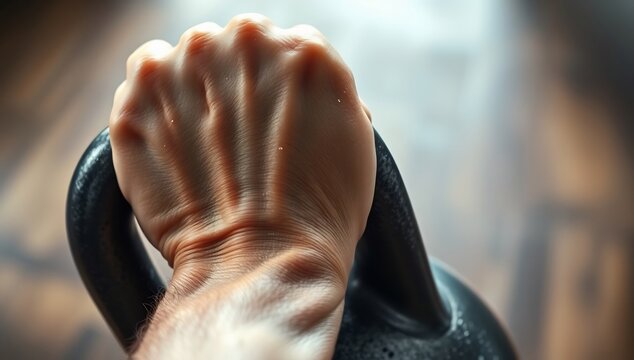 Closeup of a sweaty fist gripping a black kettlebell handle tightly