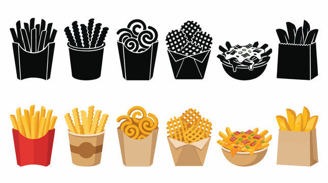 Professional vector collection featuring different french fries designs, classic french fries, crinkle cut fries, curly fries, waffle fries, loaded cheese fries, steak fries