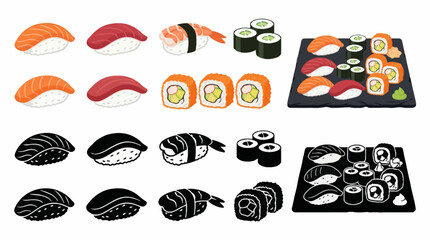 Professional vector collection featuring 6 different sushi designs, nigiri sushi, salmon sushi, tuna sushi, maki roll, california roll, sushi platter © mehdik
