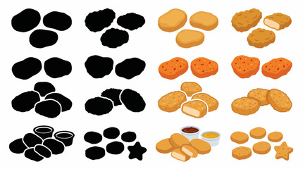 Professional vector collection featuring different chicken nugget designs, classic nuggets, crispy nuggets, spicy nuggets, breaded nuggets, dipping nugget set, kids meal nuggets © mehdik