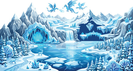 Fantasy ice landscape vector illustration featuring flying ice dragons frozen cave mountains waterfall crystals and magical winter  © Kulsum