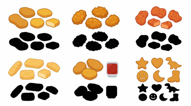 Professional vector collection featuring different chicken nugget designs, classic nuggets, crispy nuggets, spicy nuggets, breaded nuggets, dipping nugget set, kids meal nuggets