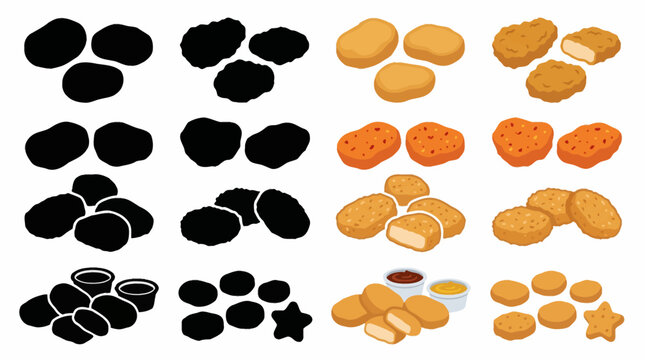 Professional vector collection featuring different chicken nugget designs, classic nuggets, crispy nuggets, spicy nuggets, breaded nuggets, dipping nugget set, kids meal nuggets