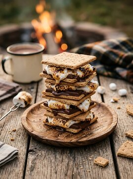 Toasted Marshmallow Smores Stack on Rustic Campfire Table