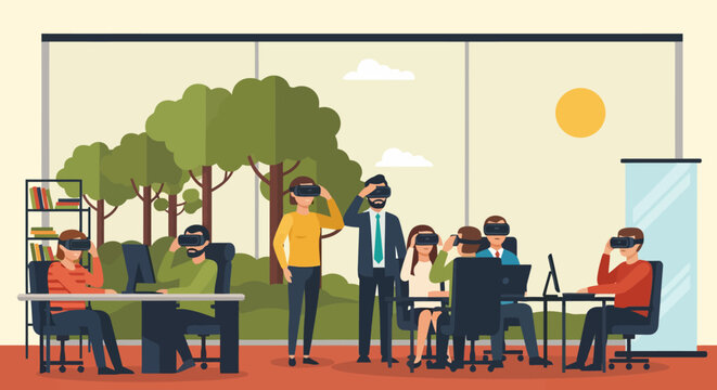 People wearing virtual reality headsets in a modern office setting.