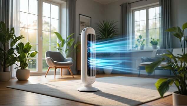 A sleek white tower fan emits visualized blue airflow in a sunlit modern living room with lush green plants, a gray armchair, and warm wood floors, conveying cool fresh comfort.