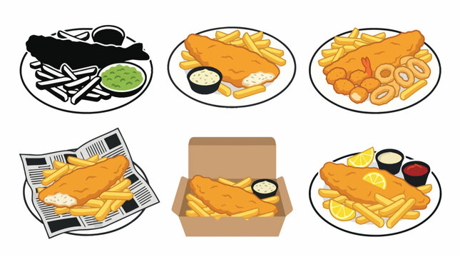 Professional vector collection featuring different fish and chips designs, classic fish and chips, battered fish fillet, seafood combo meal, british fish and chips, takeaway fish meal