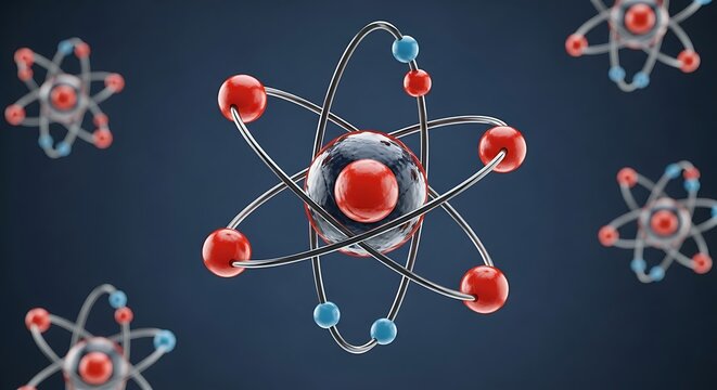 A 3D rendering of an atom with red and blue electrons orbiting a central nucleus, set against a dark blue background with similar atoms