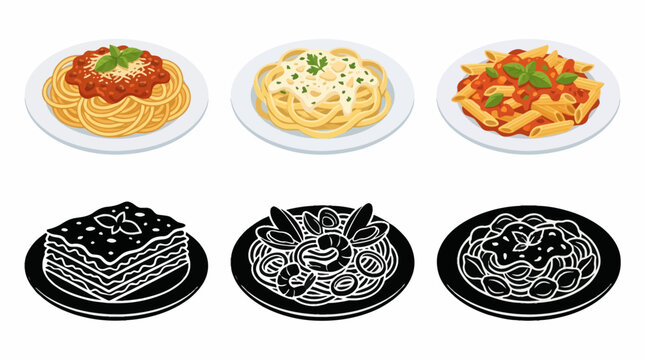 Professional vector collection featuring different pasta dish designs, spaghetti bolognese, fettuccine alfredo, penne pasta, lasagna serving, seafood pasta, italian pasta plate