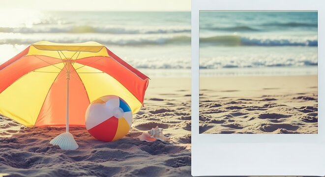 A beach scene with a vibrant umbrella and a beach ball on the sand