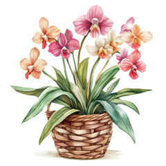Obraz premium Hand-drawn watercolor artwork of Orchid Flower Basket, vector, isolated on a white background.
