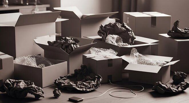 A cluttered room with numerous open cardboard boxes containing crumpled paper and discarded items