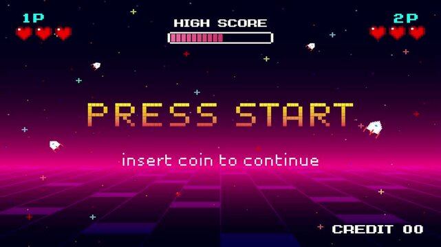 PRESS START. press start button. pixel art 8 bit. Retro Futurism Sci-Fi Background. glowing neon grid and stars from vintage arcade computer games