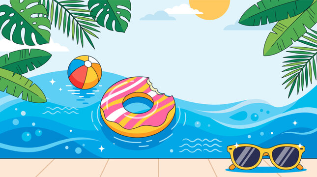 Summer pool party background with donut float and beach ball