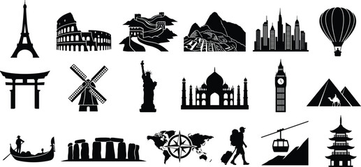 World Travel Landmark Silhouette Icon Set Featuring Eiffel Tower, Colosseum, Great Wall, Taj Mahal, Pyramids and More Global Destinations © Hello World