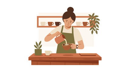 Fototapeta premium Barista pouring milk into coffee cup at a wooden cafe counter