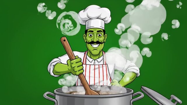Animated chef stirs bubbling pot with steam against green background culinary concept