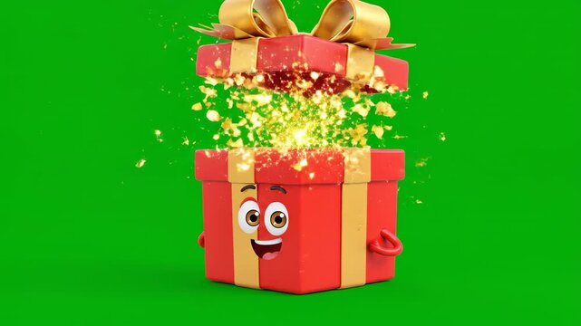 Animated red gift box with gold ribbon celebrates with confetti on green screen