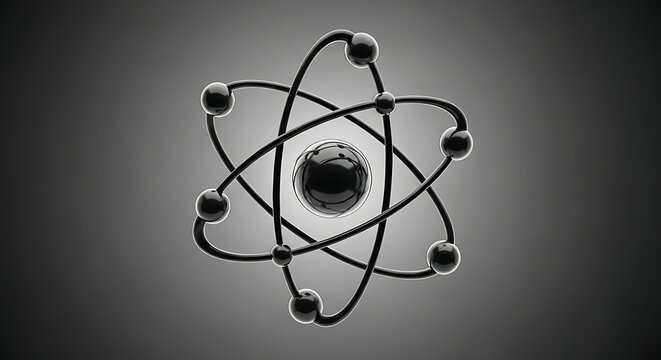 A metallic atom model with glowing center on gradient background