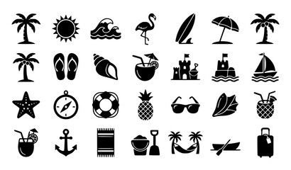 Obraz premium Summer beach vacation silhouette icon bundle featuring tropical palm trees waves sun flamingos and surfboards vector set