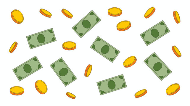 Scattered US dollar banknotes and gold coins on a light surface