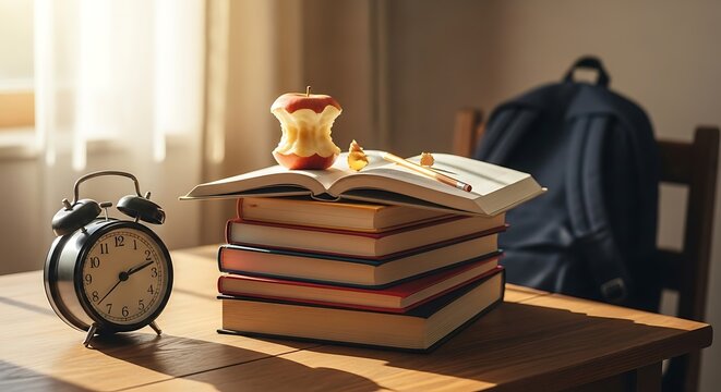 A stack of books with an apple on top and a clock beside it on a wooden table