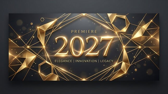 Premiere 2027 golden typography with digital network lines and abstract geometric crystal shapes.