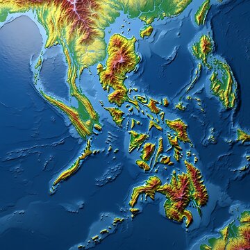 Colorful Topographic Map Showing Southeast Asia Islands and Ocean Seafloor Relief