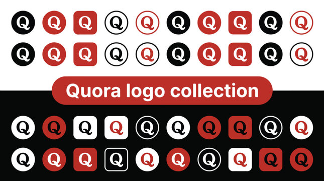 Quora logo collection vector icon set with circle and square shapes in red black and white colors.