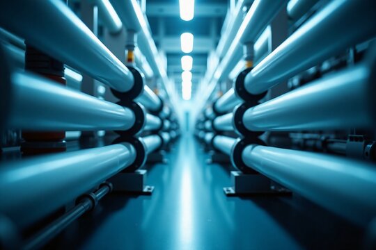 Industrial pipeline system with parallel blue pipes and futuristic lighting in high tech environment showcasing engineering technology design