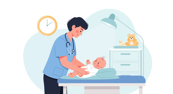 Pediatrician performing check-up on a baby in a doctor's office
