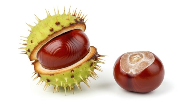 Fresh horse chestnut in cracked spiky green shell and a single conker isolated on white background