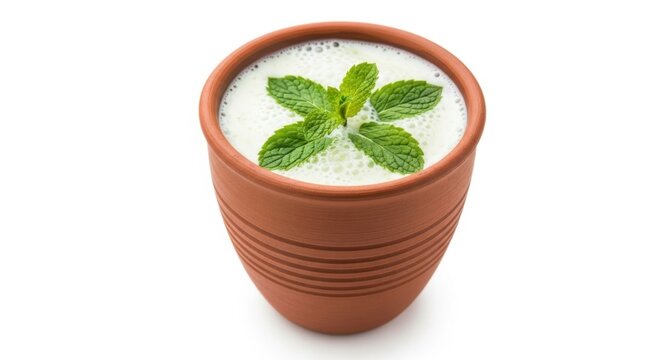 Traditional indian buttermilk or chaas served in a clay cup isolated on white background
