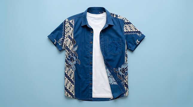 Overhead view of a trendy blue patterned short-sleeve button-up shirt worn over a white tee, representing relaxed fashion