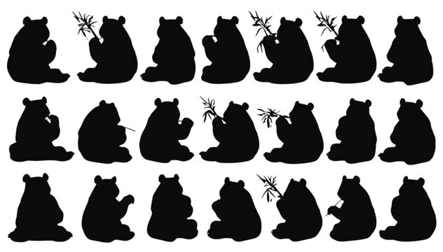 Bear silhouettes depict multiple poses of giant pandas sitting and eating bamboo stalks to create a versatile set of animal graphics suitable for educational materials and wildlife themed designs.