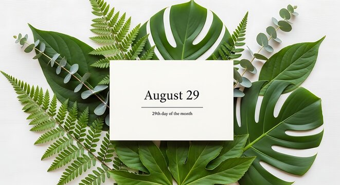 White August 29 Date Card Arranged on Tropical Green Leaves