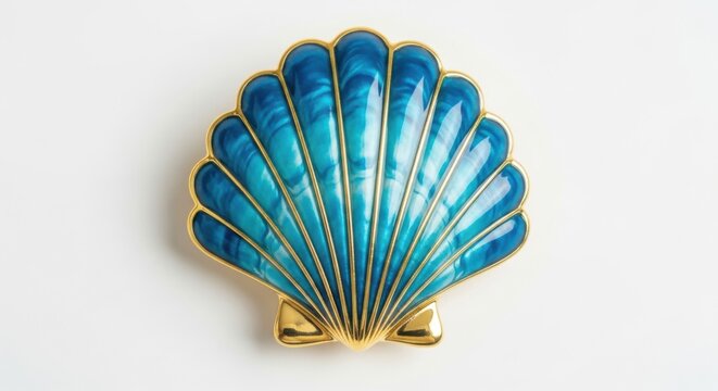 A beautiful goldrimmed seashell brooch with vibrant blue enamel detailing, isolated on white background