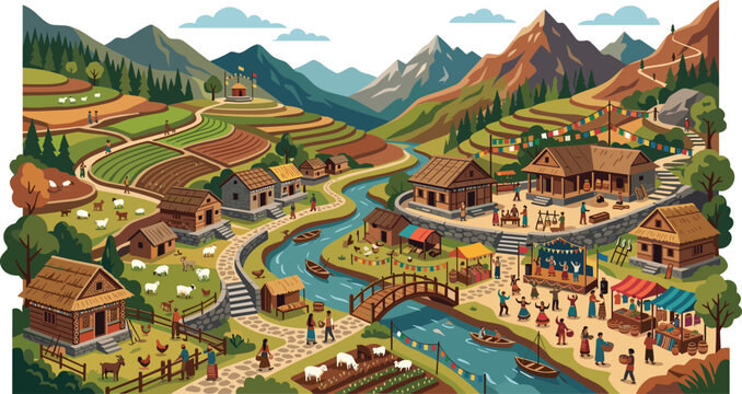 Traditional mountain village landscape vector with terraced rice fields local festival river market and rural culture background