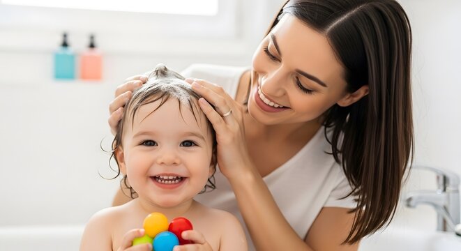 Loving Mother Gently Washing Little Baby Hair With White Foam In The Bathroom