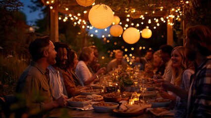 Fototapeta premium Family gathered around festive holiday dinner table with candles.